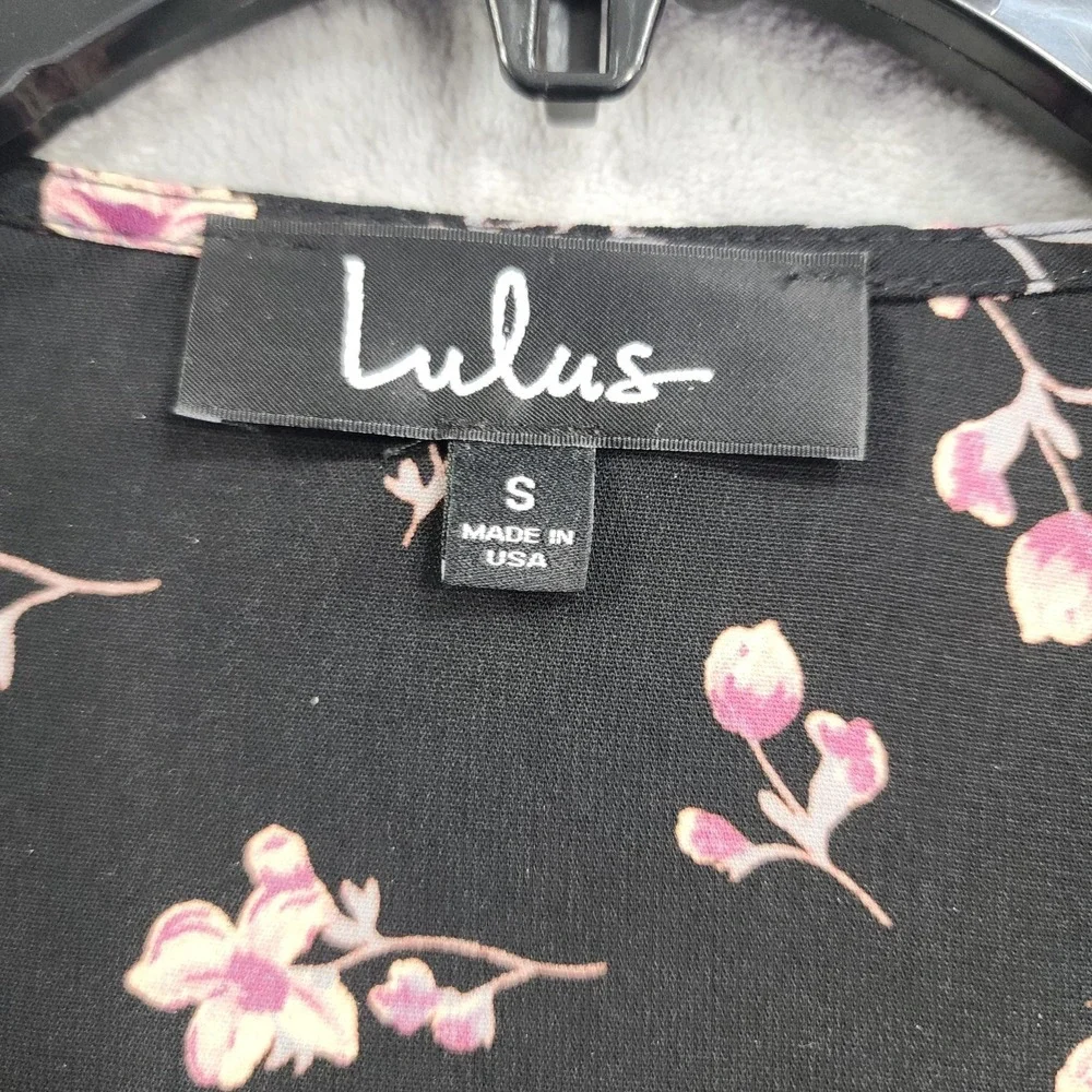Lulus Dress Womens S Black Floral Button Front Belted Fit & Flare Mini Ruffled